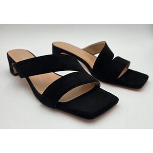 Merrori Black Suede Square Toe Low Block Heel Slide Sandals Women's Size 12